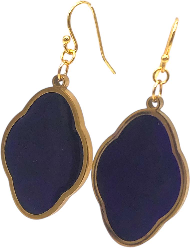 Gold Trefoil Earrings with Indigo Resin Inlay