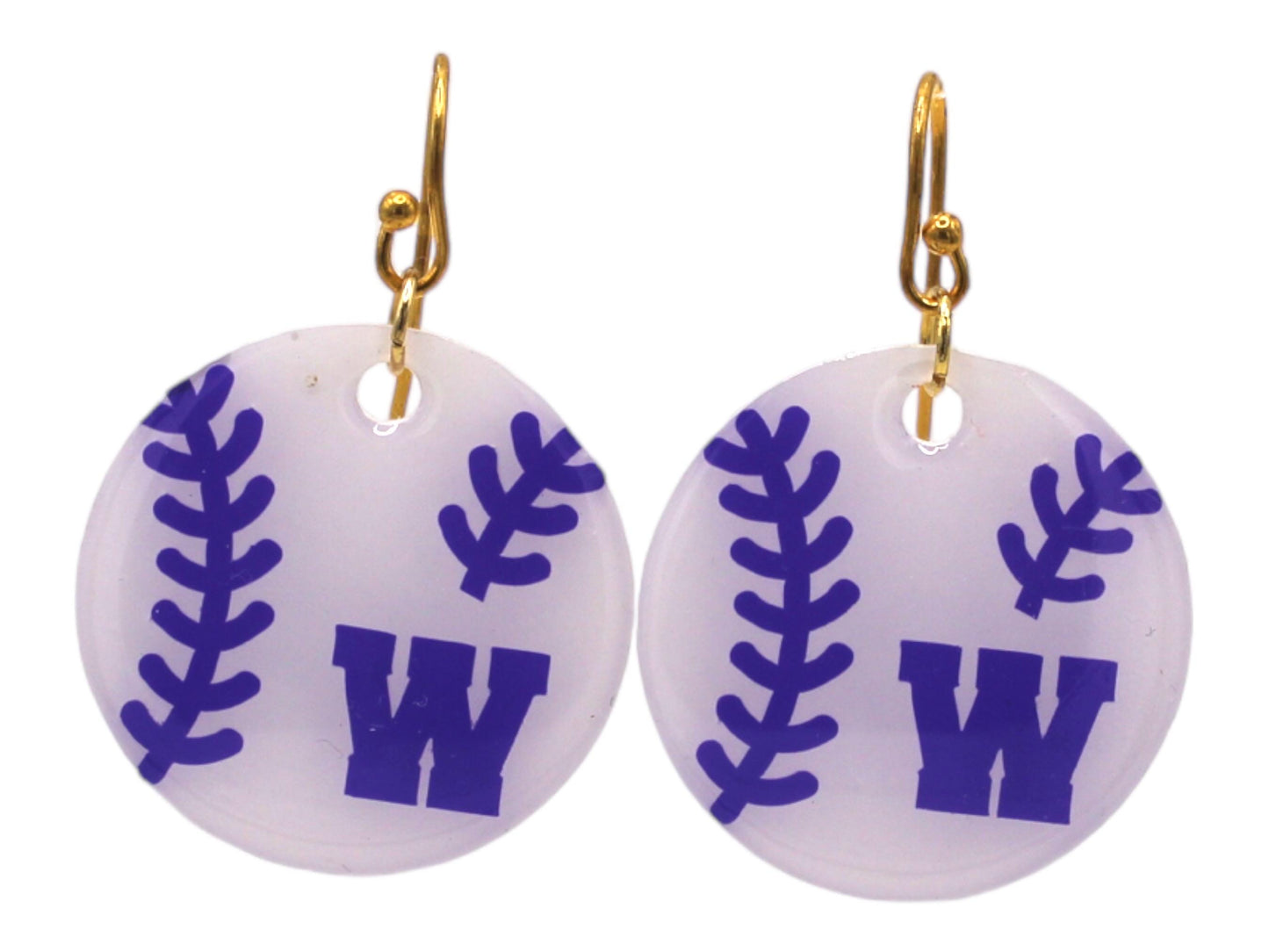 Resin Earrings with Baseball Threads on White Circle and Weimar Wildcats logo