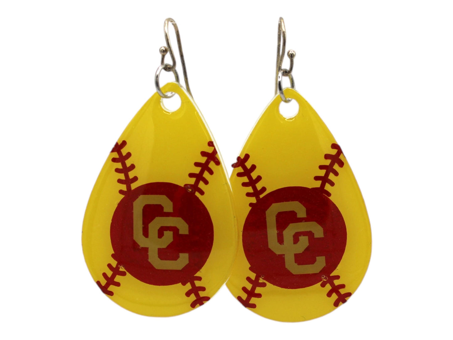 Resin Earrings with Softball Threads on Neon Yellow Teardrop and Columbus Cardinals logo