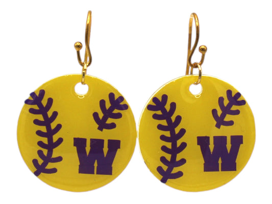 Resin Earrings with Softball Threads on Neon Yellow Circle and Weimar Wildcats “W” logo