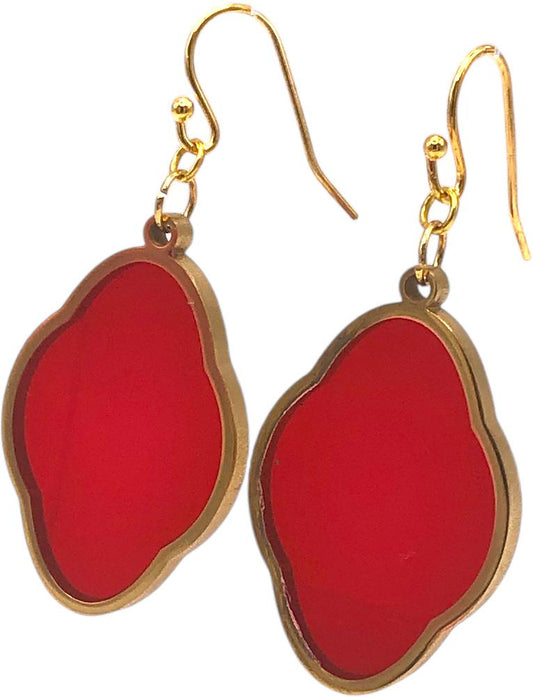 Gold Trefoil Earrings with Red Resin Inlay