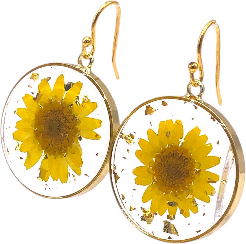 Resin Earrings with Pressed Yellow Flowers and Gold Flakes