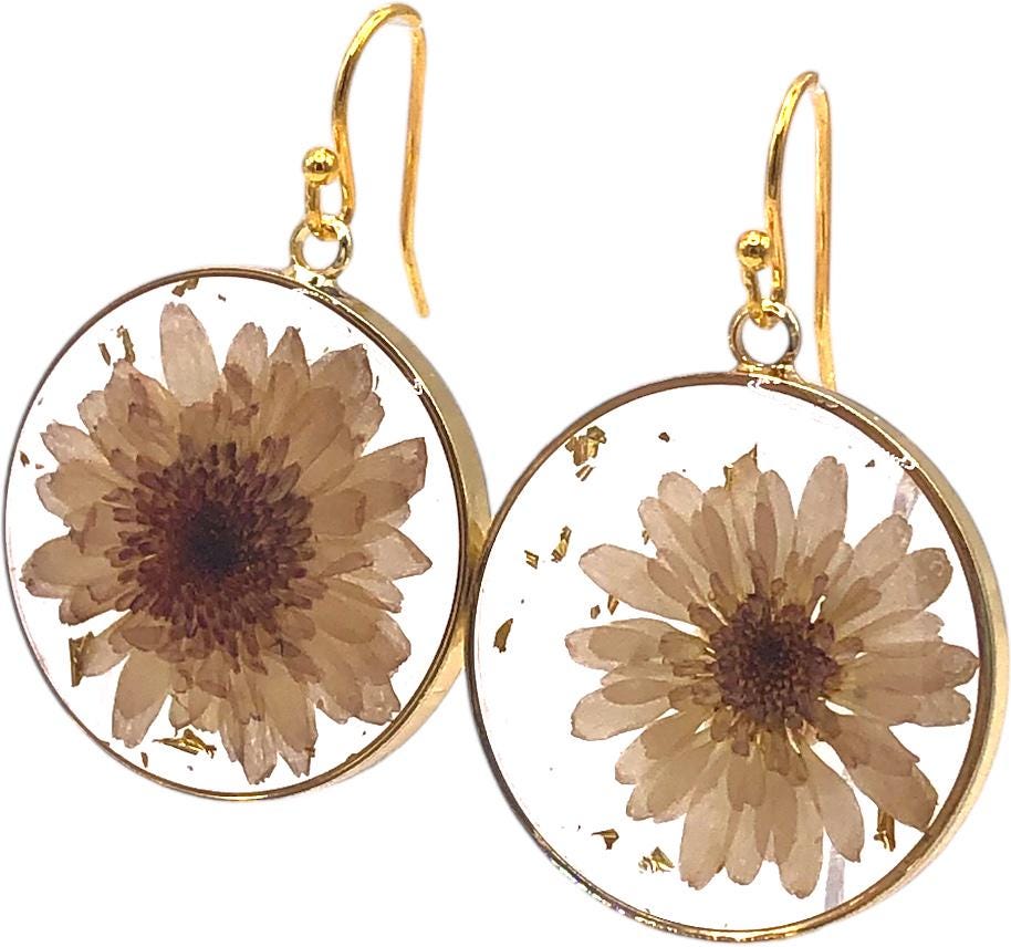 Resin Earrings with Pressed Pink Flowers and Gold Flakes