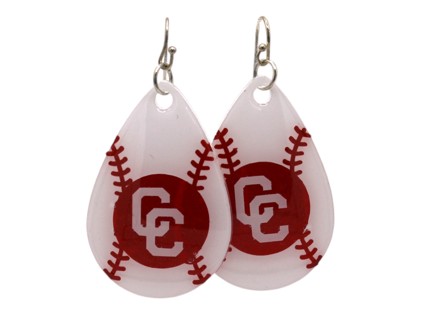 Resin Earrings with Baseball Threads on White Teardrop and Columbus Cardinals logo