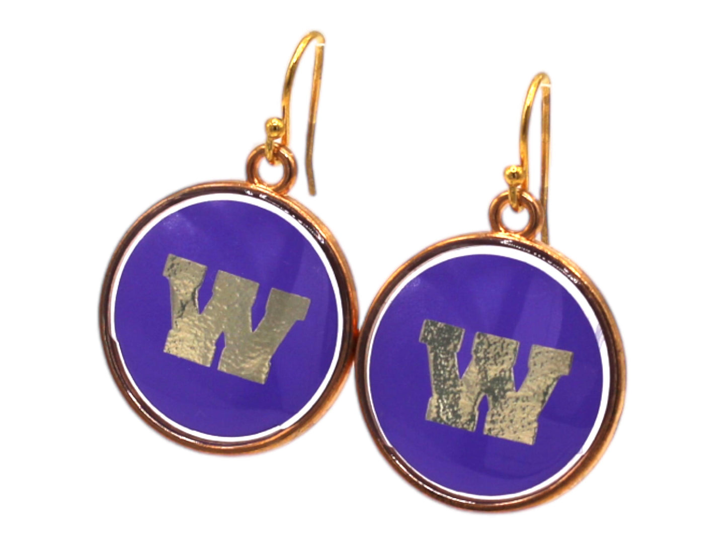 Resin Earrings in Gold Circle on Purple background with Weimar Wildcats “W” logo