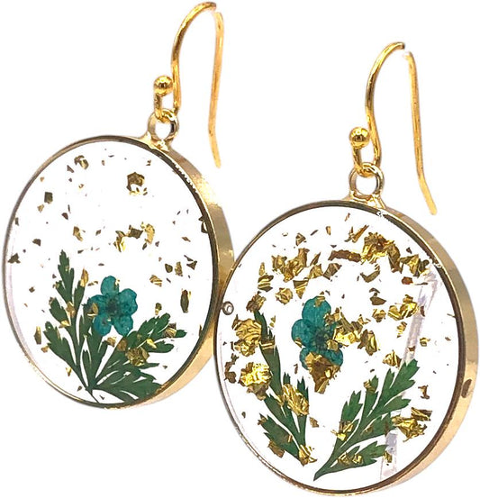 Resin Earrings with Pressed Turquoise Flowers and Gold Flakes