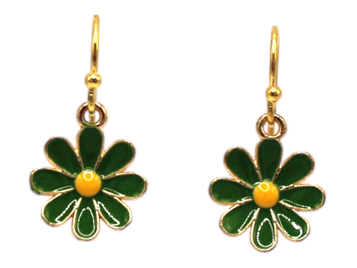 Painted Enamel Earrings with Green Flowers and Gold Hooks