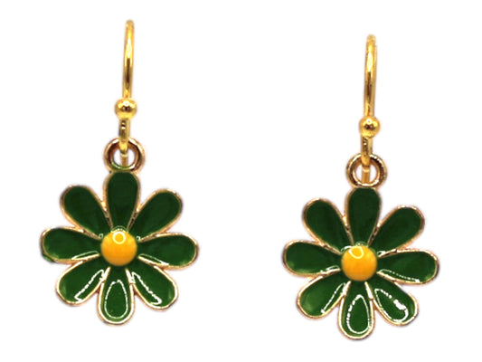 Painted Enamel Earrings with Green Flowers and Gold Hooks