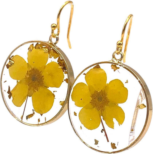 Resin Earrings with Pressed Yellow Flowers and Gold Flakes