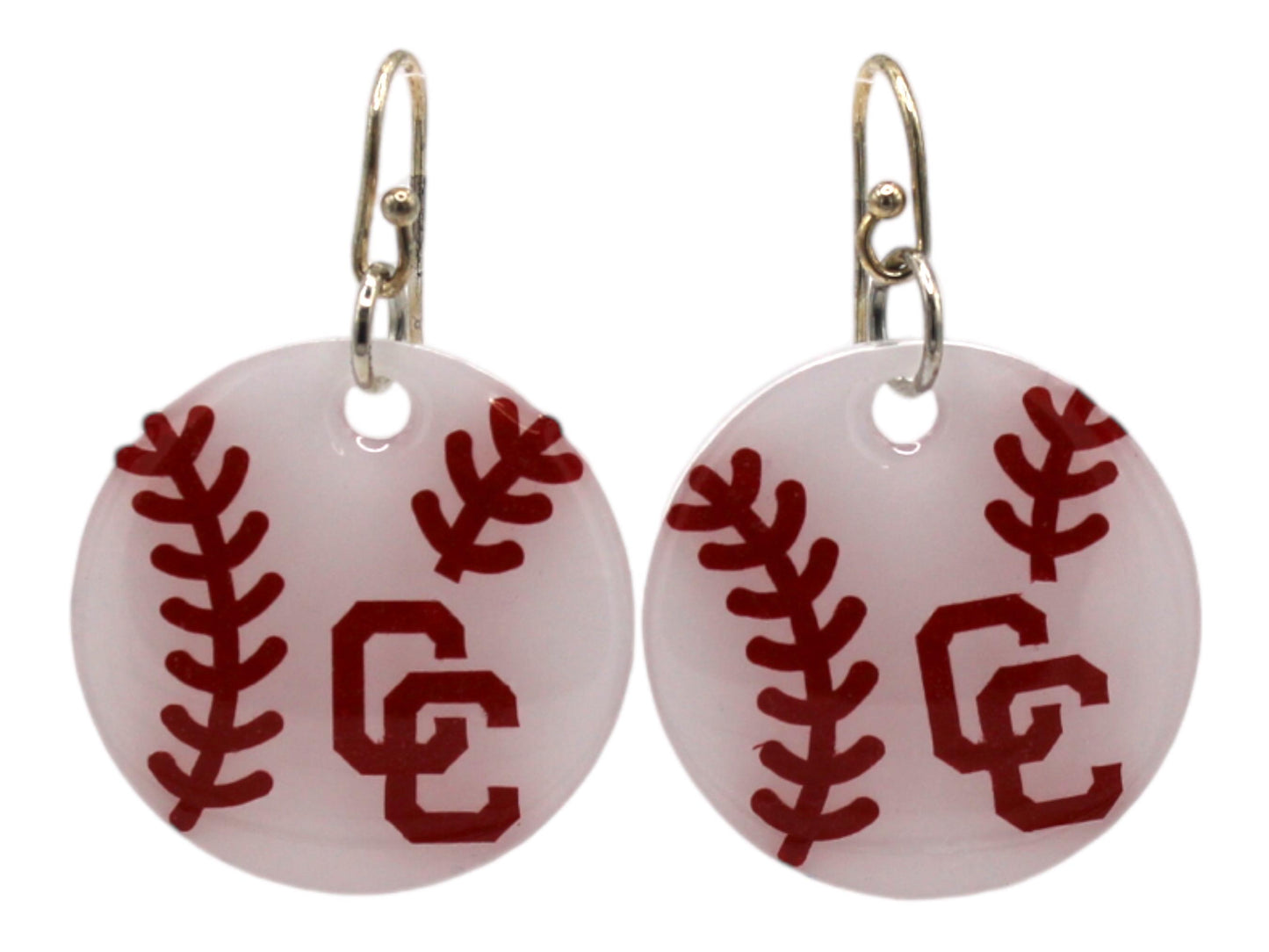 Resin Earrings with Baseball Threads on White Circle and Columbus Cardinals logo