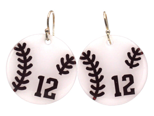 Resin Earrings with Baseball Threads and 12 on White Circle