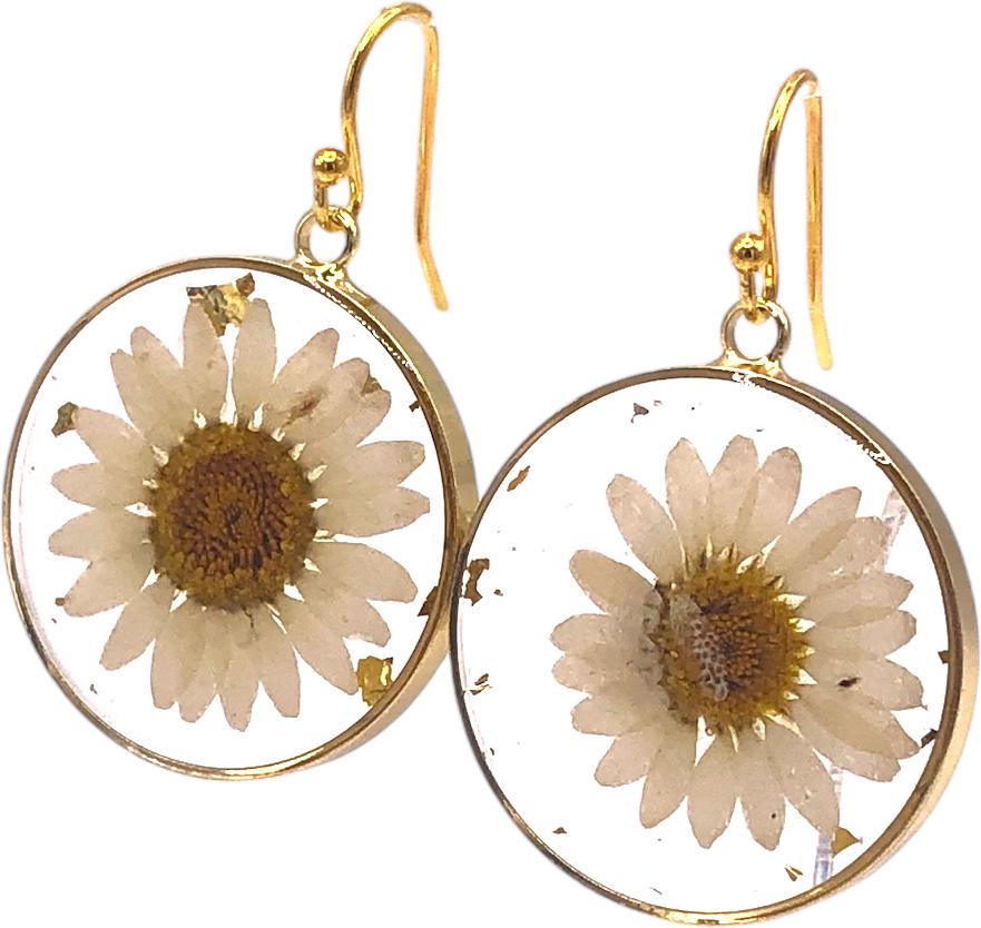 Resin Earrings with Pressed White Flowers and Gold Flakes