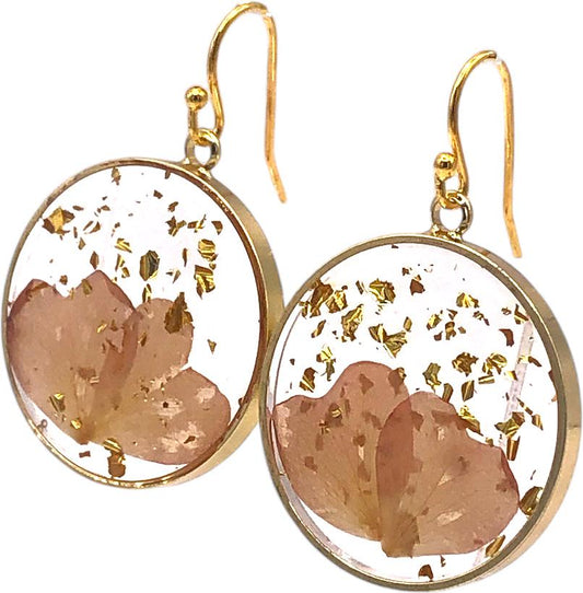 Resin Earrings with Pressed Pink Flowers and Gold Flakes