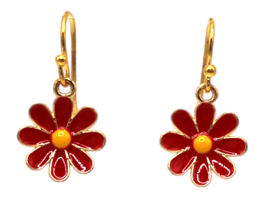 Painted Enamel Earrings with Red Flowers and Gold Hooks