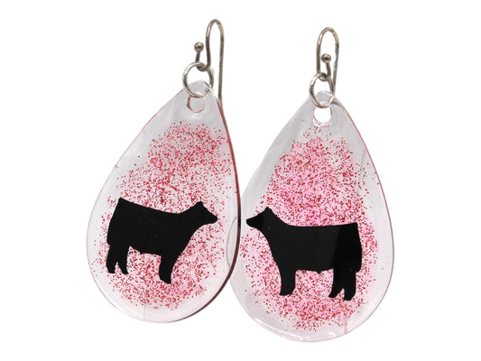 Resin Earrings with Show Cattle Silhouette and Red Sparkle