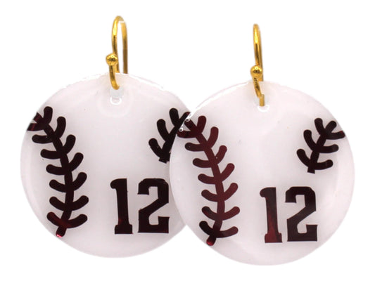 Resin Earrings with Baseball Threads and 12 on White Circle