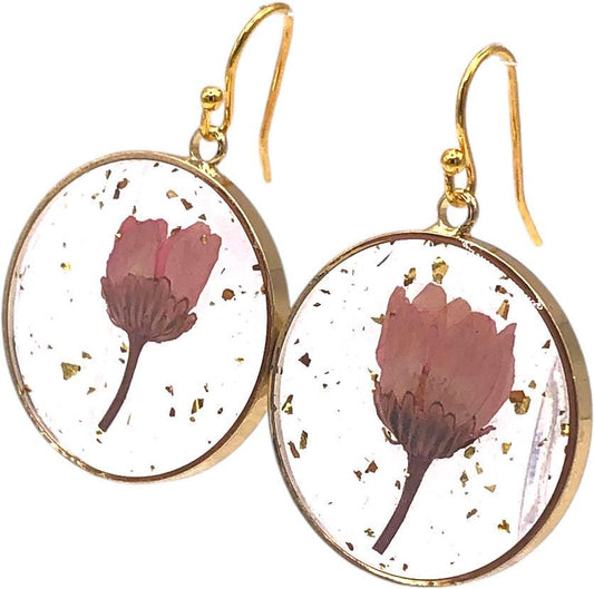 Resin Earrings with Pressed Pink Flowers and Gold Flakes